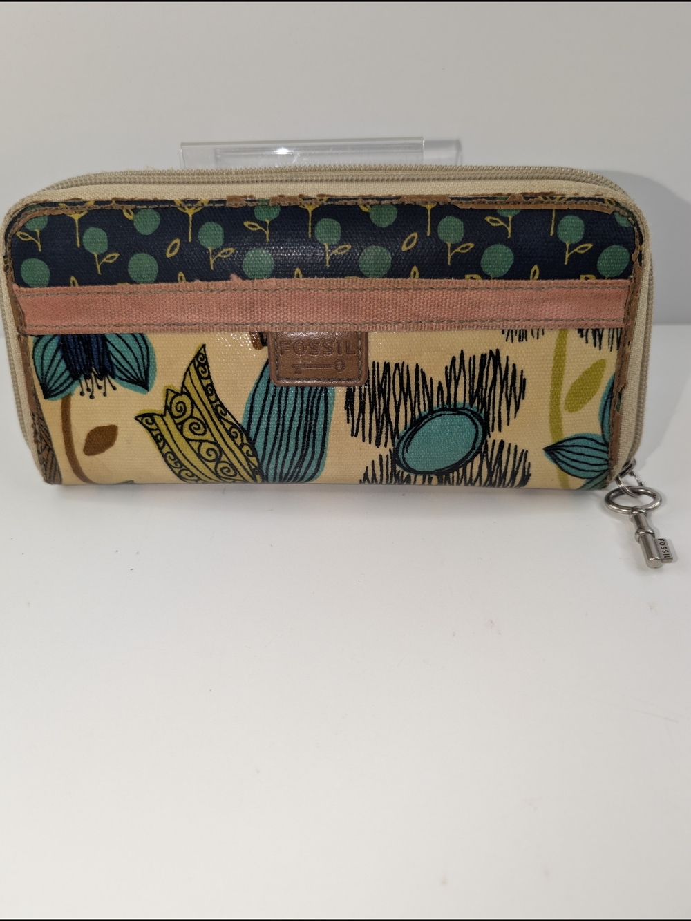 Vintage Fossil Wallet  Multicolor Canvas Coated/Leather Zip Around